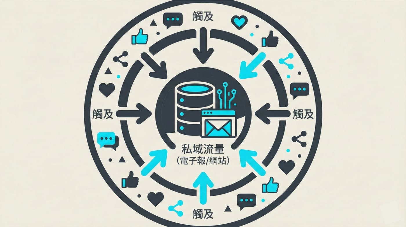 品牌內容生態系結構:將社群媒體的公域流量引導至電子報與網站的私域核心
