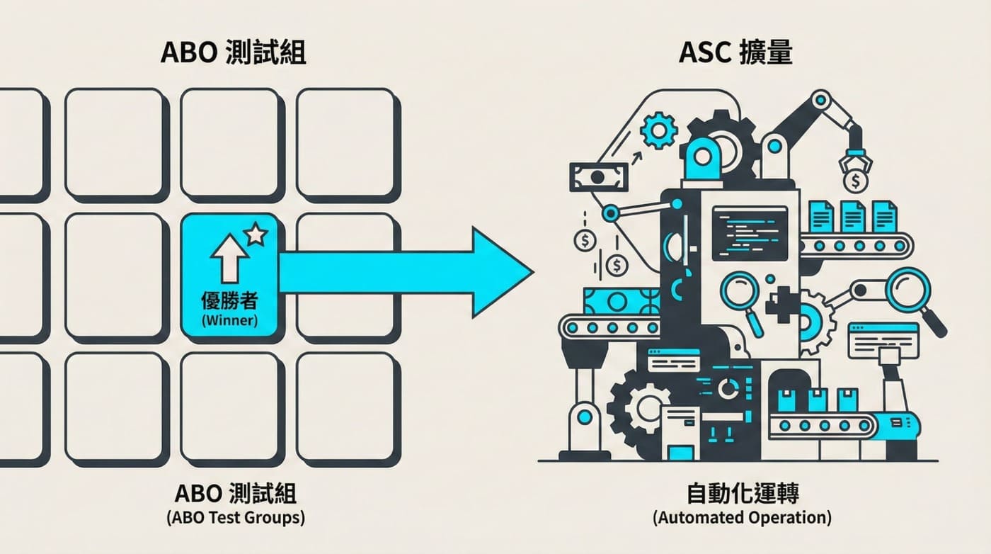 廣告優化流程圖：從ABO測試篩選到ASC自動化擴量的策略