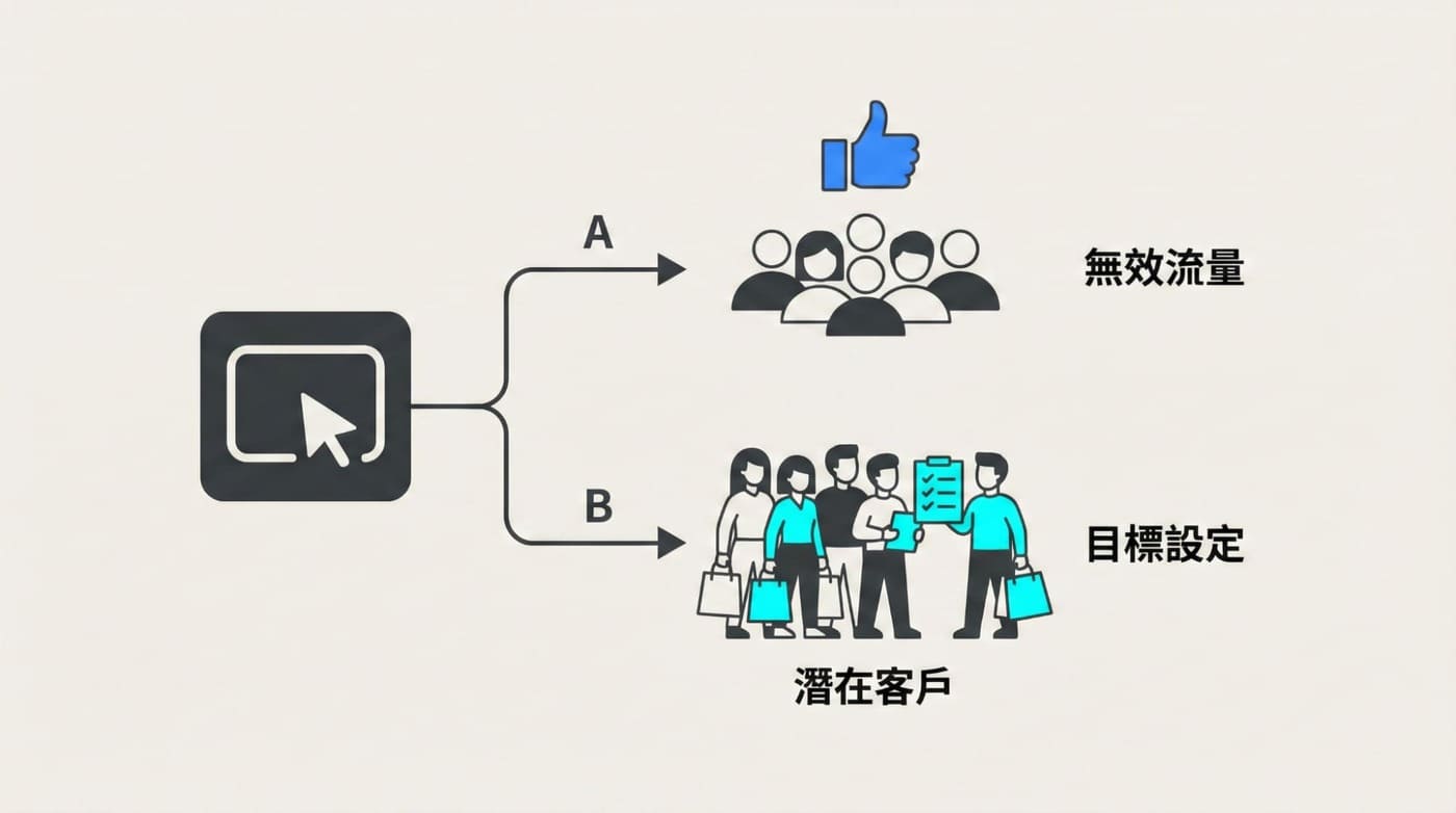 Meta演算法邏輯示意圖：流量目標與轉換目標的受眾差異