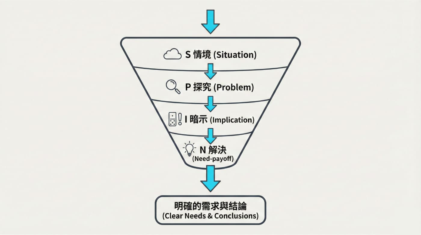 SPIN顧問式銷售提問漏斗圖